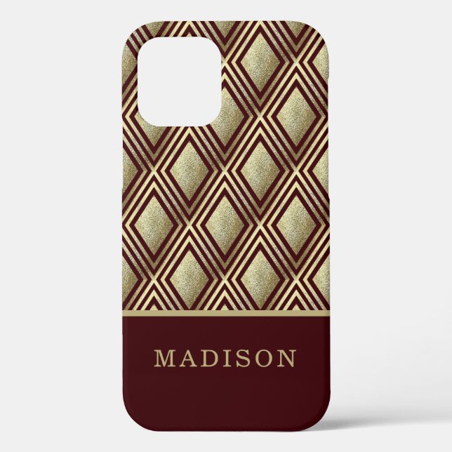 Funda De Case-Mate Para iPhone Purpurina de oro Burgundy Diamond Pattern Personal (Reverso )