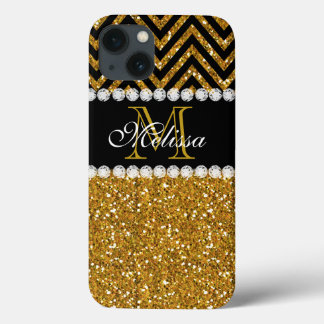 Funda Para iPhone 13 Purpurina de oro Chevron negro Monogramado
