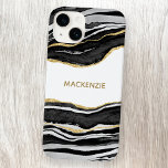 Funda Para iPhone 14 De Case-Mate Purpurina de oro de Black Marble Agate Personaliza<br><div class="desc">Las acuarelas blancas y negras agitan el diseño de mármol con detalles purpurinas de oro falsos. Cambie el nombre a personalizar.</div>