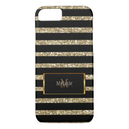 Funda Para iPhone 8/7 Purpurina de oro moderno rayas negras nombre monog