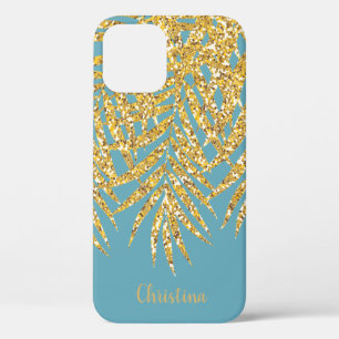 Funda Para iPhone 12 Purpurina de oro Palm Fronds Nombre Azul personali