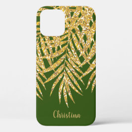 Funda Para iPhone 12 Purpurina de oro Palm Fronds Nombre Verde Personal