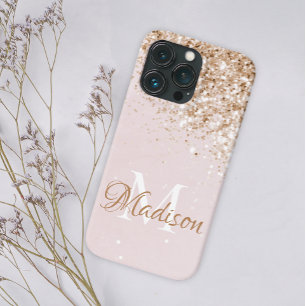 Funda Para iPhone 13 Pro Purpurina de oro rosa Girly Bonito nombre inicial