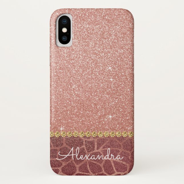Funda De Case-Mate Para iPhone Purpurina de oro rosa rosa e impresión de animal e (Reverso)