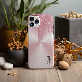 Funda Para iPhone 13 Pro Max Purpurina De Perforación Metálica Rosa Con Nombre