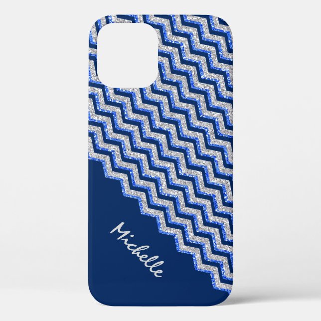 Funda De Case-Mate Para iPhone Purpurina de plata azul Chevron personalizado (Reverso )