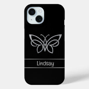 Funda Para iPhone 15 Purpurina de Plata de Mariposa Tribal Personalizad