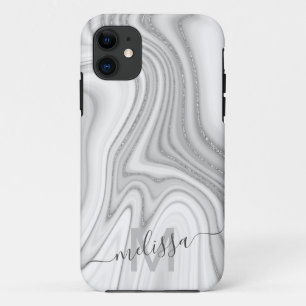 Funda Para iPhone 11 Purpurina de plata de moda nombre de mármol brill