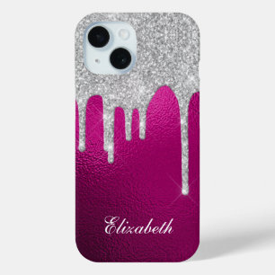 Funda Para iPhone 15 Purpurina de plata gotea Glam Girly rosa caliente