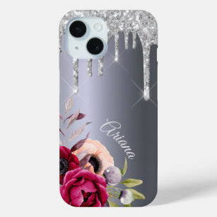 Funda Para iPhone 15 Purpurina de plata goteo flores de borgoña metálic
