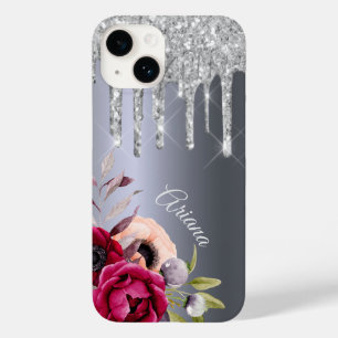 Funda Para iPhone 14 De Case-Mate Purpurina de plata goteo flores nombre burdeos