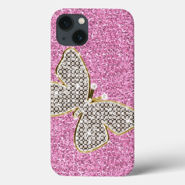 Funda De Case-Mate Para iPhone Purpurina de Plata Rosa Girona Mariposa Diamantes (Reverso)