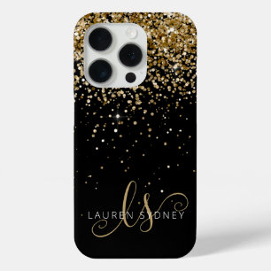 Funda Para iPhone 15 Pro Purpurina dorado Glam Monograma Nombre