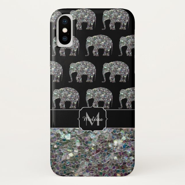 Funda De Case-Mate Para iPhone Purpurina elefante monograma de mosaico de plata e (Reverso)