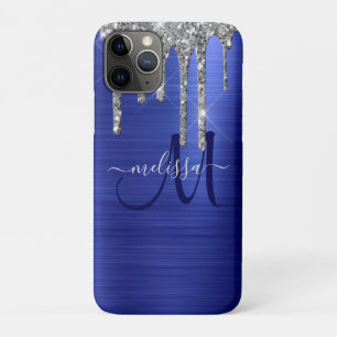 Funda Para iPhone 11 Pro Purpurina Girly Blue Dripping Brush Monograma Meta