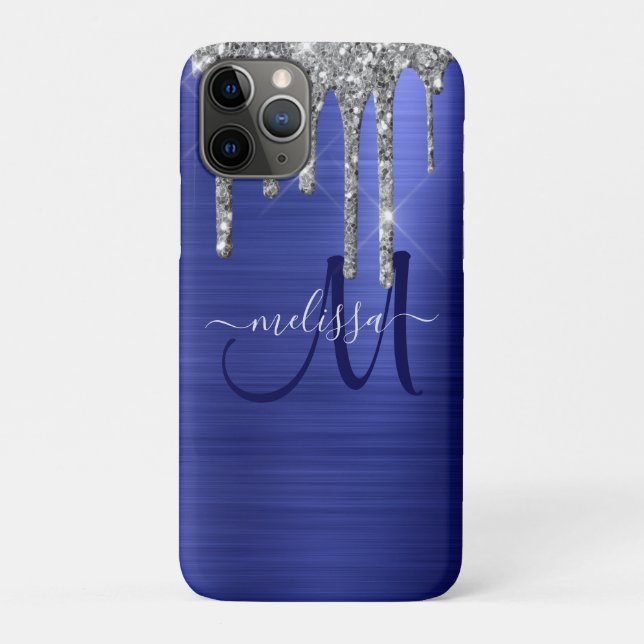 Funda De Case-Mate Para iPhone Purpurina Girly Blue Dripping Brush Monograma Meta (Reverso)