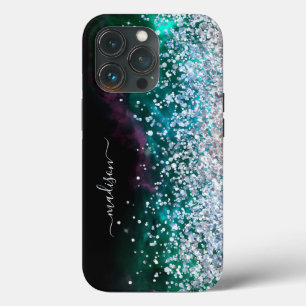 Funda Para iPhone 13 Pro Purpurina Girly Modern Sparkle Sweet 16 Black Silv