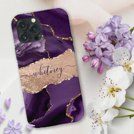 Funda Para iPhone 13 Pro Purpurina Girly Purple Agate y Rosa Gold Stylish