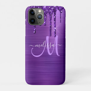Funda Para iPhone 11 Pro Purpurina Girly Purple Dripping Brush Monograma Me