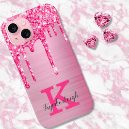 Funda Para iPhone 15 Purpurina Girly Rosa Perfora Moda Glam Monograma N
