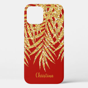 Funda Para iPhone 12 Purpurina Gold Palm Fronds Nombre rojo personaliza