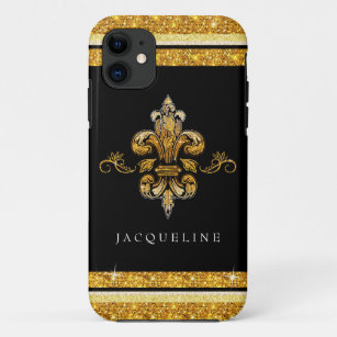 Funda Para iPhone 11 Purpurina Look Faux Gold Black French Fleur de Lis