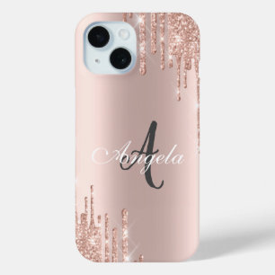 Funda Para iPhone 15 Purpurina moderno Drin Rosa Gold,Monograma