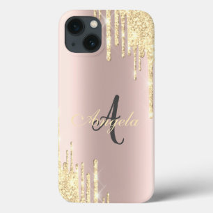 Funda Para iPhone 13 Purpurina moderno Oro Rosa, Monograma