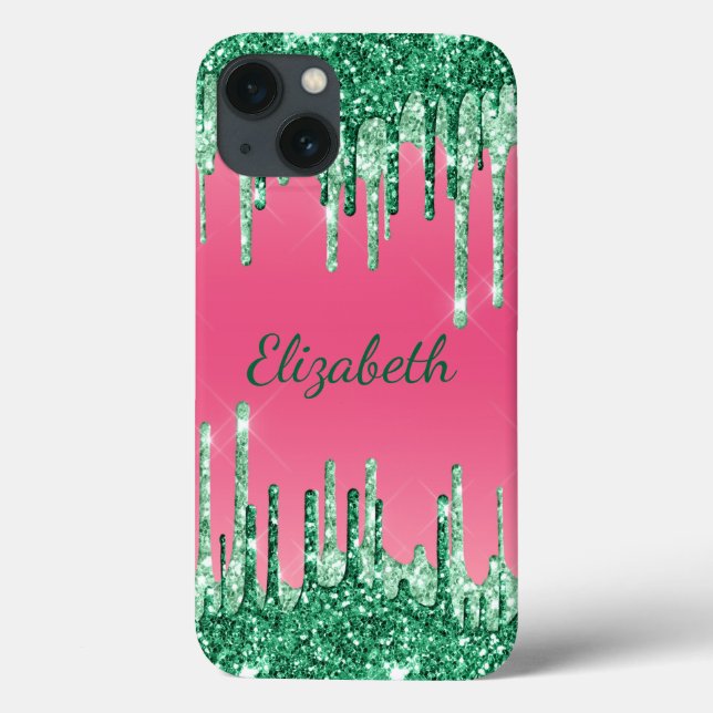 Funda De Case-Mate Para iPhone Purpurina monograma gotea moda verde rosa (Reverso)