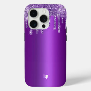 Funda Para iPhone 15 Pro Purpurina morado moderno gotea sobre morado metáli