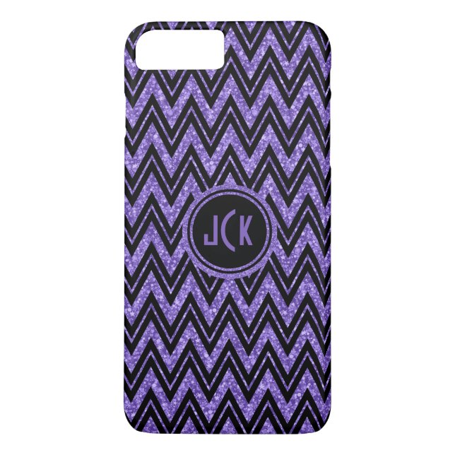 Funda De Case-Mate Para iPhone Purpurina morado monogramado y zigzag negro chevro (Reverso)