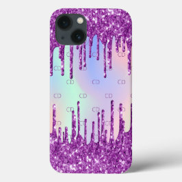 Funda Para iPhone 13 Purpurina morado rosado gotea monograma holográfic