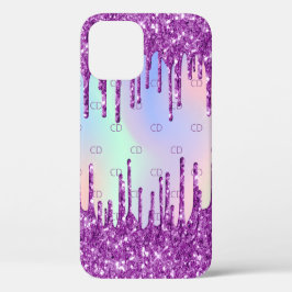 Funda Para iPhone 13 Purpurina morado rosado gotea monograma holográfic