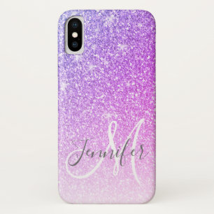 Funda Para iPhone X Purpurina morado rosado parquea nombre de monogram