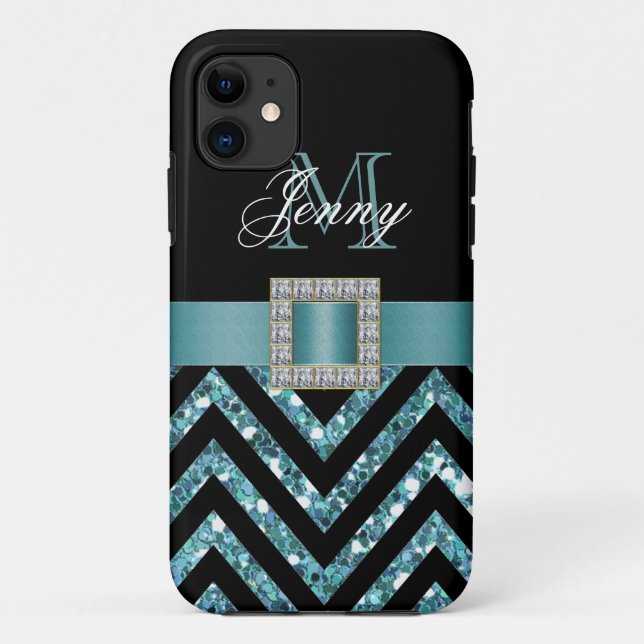 FUNDA DE Case-Mate PARA iPhone PURPURINA NEGRO DE CHEVRON DE LA TURQUESA FEMENINO (Reverso)