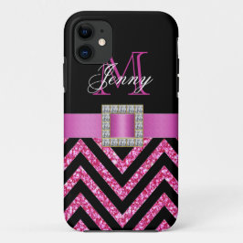 FUNDA PARA iPhone 11 PURPURINA NEGRO DE CHEVRON DE LAS ROSAS FUERTES