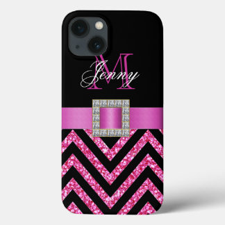 FUNDA PARA iPhone 13 PURPURINA NEGRO DE CHEVRON DE LAS ROSAS FUERTES