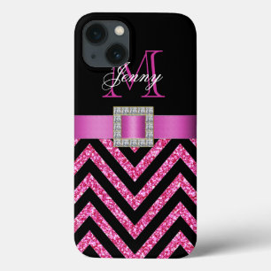 FUNDA PARA iPhone 13 PURPURINA NEGRO DE CHEVRON DE LAS ROSAS FUERTES