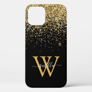 Funda Para iPhone 12 Purpurina negro dorado Elegante Script Nombre Fund