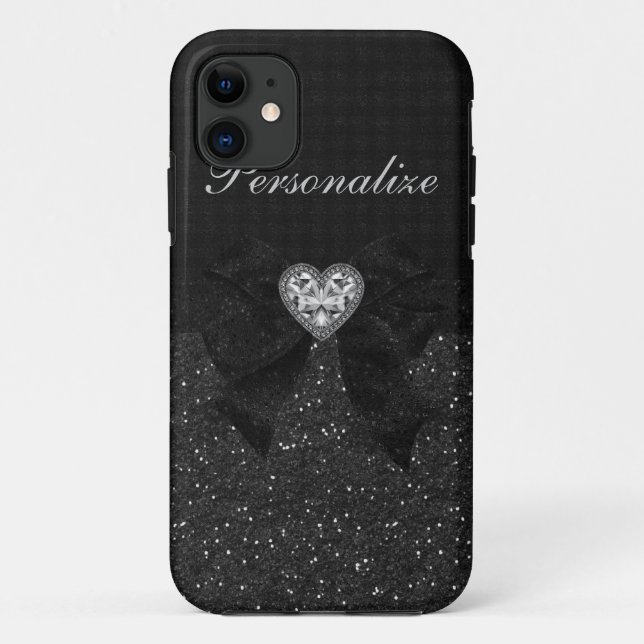 Funda De Case-Mate Para iPhone Purpurina negro impreso, Diamond Heart & Bow (Reverso)