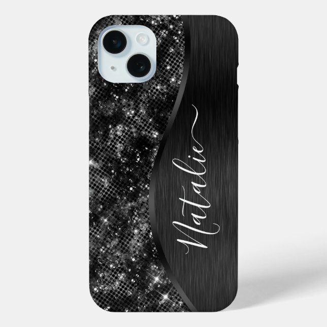 Funda De Case-Mate Para iPhone Purpurina negro metálico personalizado (Reverso )