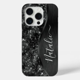 Funda Para iPhone 15 Pro Purpurina negro metálico personalizado