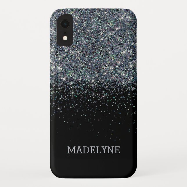 Funda De Case-Mate Para iPhone Purpurina negro Sparkle Girly Nombre personalizado (Reverso)