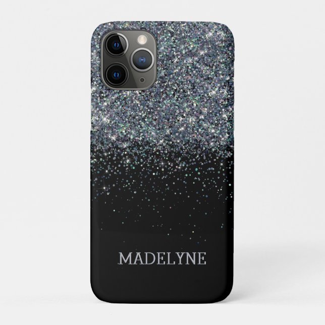 Funda De Case-Mate Para iPhone Purpurina negro Sparkle Girly Nombre personalizado (Reverso)