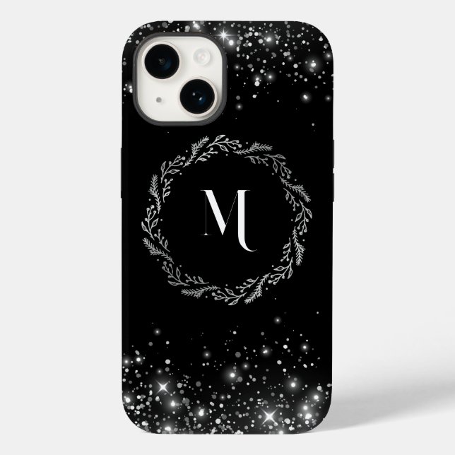 Funda De Case-Mate Para iPhone Purpurina Plata Y Elegante Negro Monogramado (Reverso )