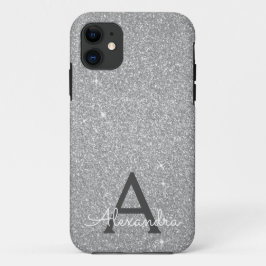 Funda Para iPhone 11 Purpurina plateado de lujo y monograma espumoso