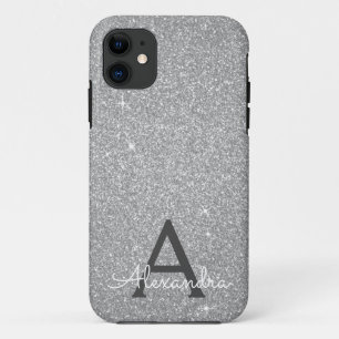 Funda Para iPhone 11 Purpurina plateado de lujo y monograma espumoso