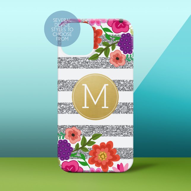 Funda De Case-Mate Para iPhone Purpurina plateado, flores, rayas, monograma dorad (Personalized Phone Case)