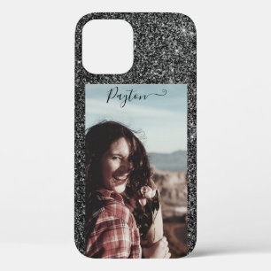 Funda Para iPhone 12 Purpurina plateado Fondo Nombre personalizado Foto