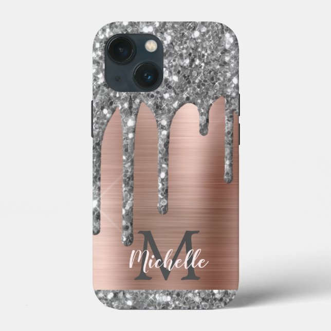 Funda De Case-Mate Para iPhone Purpurina plateado goteo Rosa Monograma metálico d (Reverso )